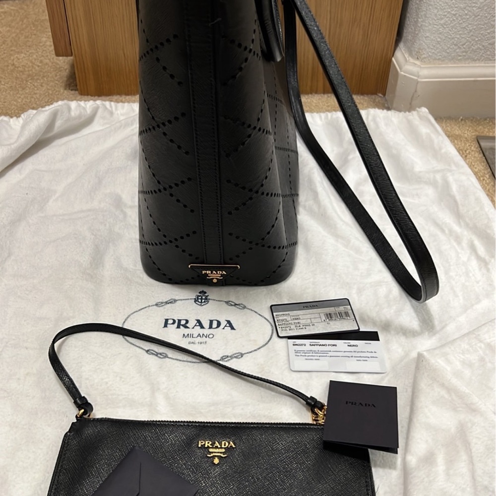 Prada Saffiano Fori Shopping Tote 2-way Black perforated with removable pouch